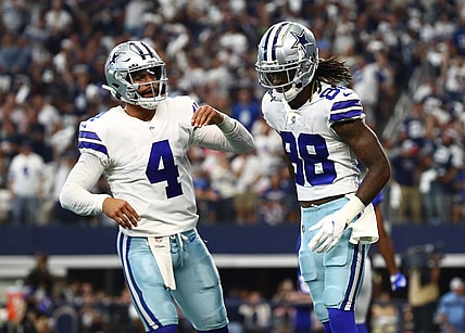Oct 10, 2021; Arlington, Texas, USA; Dallas Cowboys receiver Cee Dee Lamb (88) celebrates his second quarter touchdown with quarterback Dak Prescott (4) against the New York Giants at AT&T Stadium. Mandatory Credit: Matthew Emmons-USA TODAY Sports