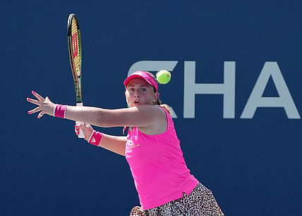 Aug 30, 2022; Flushing, NY, USA; Jelena Ostapenko of Latvia hits a shot against Qinwen Zheng of China on day two of the 2022 U.S. Open tennis tournament at USTA Billie Jean King National Tennis Center. Mandatory Credit: Jerry Lai-USA TODAY Sports