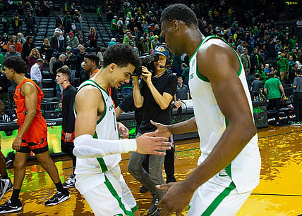 Oregon's Will Richardson, left, is congratulated by N'Faly Dante after leading the Ducks to a win over Oregon State at Matthew Knight Arena Saturday, Dec 31, 2022 in Eugene, Oregon, USA.

Ncaa Basketball Oregon Vs Osu Oregon State At Oregon