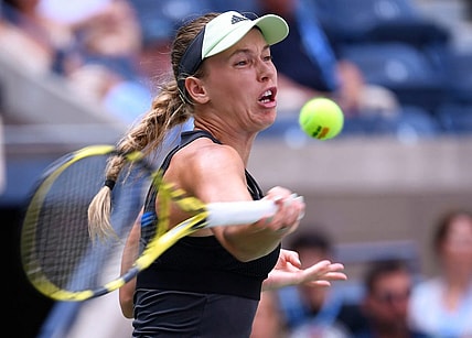 Caroline Wozniacki of Denmark hits to Bianca Andreescu of Canada the third round on day six of the 2019 U.S. Open tennis tournament at USTA Billie Jean King National Tennis Center. Mandatory Credit: Robert Deutsch-USA TODAY Sports