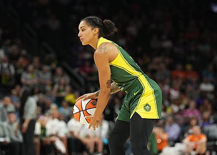 Aug 5, 2023; Phoenix, Arizona, USA; Seattle Storm forward Gabby Williams (5) dribbles against the Phoenix Mercury during the second half at Footprint Center. Mandatory Credit: Joe Camporeale-USA TODAY Sports
