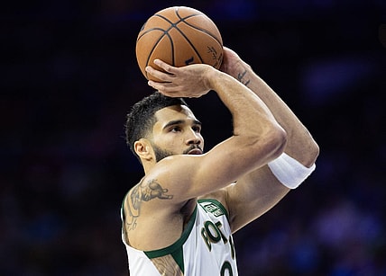 Nov 15, 2023; Philadelphia, Pennsylvania, USA; Boston Celtics forward Jayson Tatum (0) shoots the ball against the Philadelphia 76ers during the second quarter at Wells Fargo Center. Mandatory Credit: Bill Streicher-USA TODAY Sports