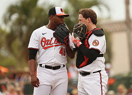 Mar 2, 2024; Sarasota, Florida, USA; Baltimore Orioles pitcher Julio Teheran (49) talks with catcher Adley Rutschman (35) during the fourth inning against the New York Yankees at Ed Smith Stadium. Mandatory Credit: Kim Klement Neitzel-USA TODAY Sports
