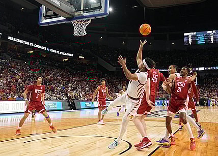 Iowa State Cyclones guard Tamin Lipsey (3) shoots the ball in a second-round NCAA Tournament game between Iowa State and Washington State, Saturday, March 23, 2024 at CHI Health Center Arena in Omaha.