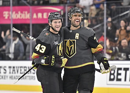 Vegas Golden Knights players Paul Cotter and Alex Peitrangelo celebrate a goal 10/30/23 at T-Mobile Arena