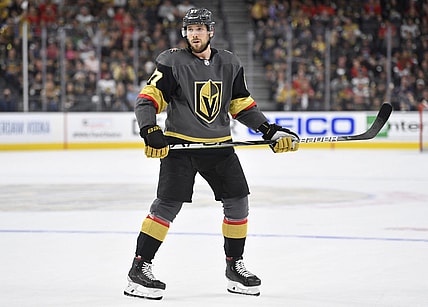 LAS VEGAS, NEVADA - JUNE 06: Shea Theodore #27 of the Vegas Golden Knights skates during the first period against the Colorado Avalanche in Game Four of the Second Round of the 2021 Stanley Cup Playoffs at T-Mobile Arena on June 06, 2021 in Las Vegas, Nevada. (Photo by Jeff Bottari/NHLI via Getty Images)