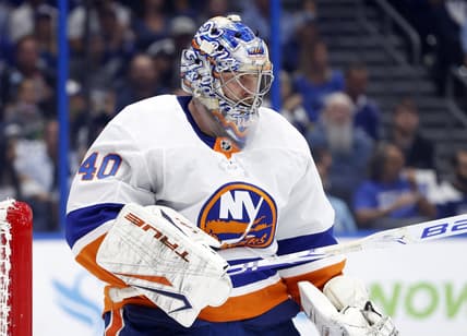 Jun 13, 2021; Tampa, Florida, USA; New York Islanders goaltender Semyon Varlamov (40) looks on against the Tampa Bay Lightningduring the first period in game one of the 2021 Stanley Cup Semifinals at Amalie Arena. Mandatory Credit: Kim Klement-USA TODAY Sports