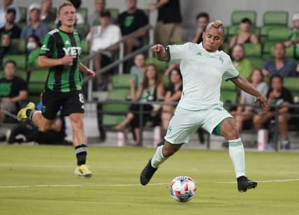 Jul 31, 2021; Austin, TX, USA; Colorado Rapids midfielder Michael Barrios (12) shoots on goal in the first half against Austin FC at Q2 Stadium. Mandatory Credit: Scott Wachter-USA TODAY Sports