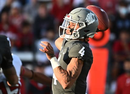 Oct 16, 2021; Pullman, Washington, USA; Washington State Cougars quarterback Jayden de Laura (4) throws a pass against the Stanford Cardinal in the first half at Gesa Field at Martin Stadium. Mandatory Credit: James Snook-USA TODAY Sports