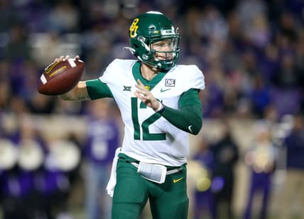 Nov 20, 2021; Manhattan, Kansas, USA; Baylor Bears quarterback Blake Shapen (12) passes the ball during the third quarter against the Kansas State Wildcats at Bill Snyder Family Football Stadium. Mandatory Credit: Scott Sewell-USA TODAY Sports