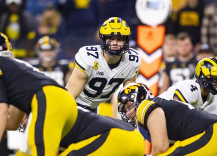 Dec 4, 2021; Indianapolis, IN, USA; Michigan Wolverines defensive end Aidan Hutchinson (97) against the Iowa Hawkeyes in the Big Ten Conference championship game at Lucas Oil Stadium. Mandatory Credit: Mark J. Rebilas-USA TODAY Sports
