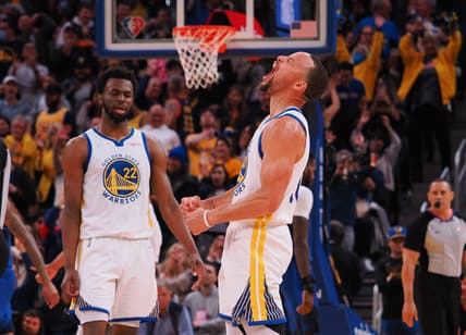 Apr 18, 2022; San Francisco, California, USA; Golden State Warriors guard Stephen Curry (30) reacts after a basket and foul against the Denver Nuggets during the third quarter of game two of the first round for the 2022 NBA playoffs at Chase Center. Mandatory Credit: Kelley L Cox-USA TODAY Sports