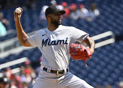 Sep 18, 2022; Washington, District of Columbia, USA; Miami Marlins starting pitcher Sandy Alcantara (22) throws to the Washington Nationals during the first inning at Nationals Park. Mandatory Credit: Brad Mills-USA TODAY Sports