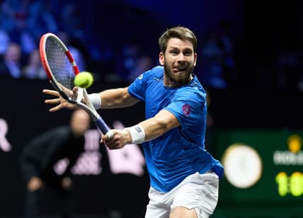 Sep 24, 2022; London, United Kingdom;Cameron Norrie (GBR) plays a shot against Taylor Fritz (USA) in a Laver Cup singles match.  Mandatory Credit: Peter van den Berg-USA TODAY Sports
