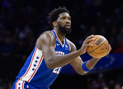 Dec 21, 2022; Philadelphia, Pennsylvania, USA; Philadelphia 76ers center Joel Embiid (21) attempts a three pointer against the Detroit Pistons during the third quarter at Wells Fargo Center. Mandatory Credit: Bill Streicher-USA TODAY Sports