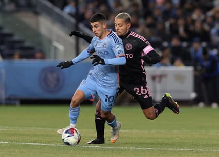 Mar 11, 2023; New York, New York, USA; New York City player Santiago Rodriguez (10) battles for the ball against Inter Miami midfielder Gregore (26) at Yankee Stadium. Mandatory Credit: Vincent Carchietta-USA TODAY Sports