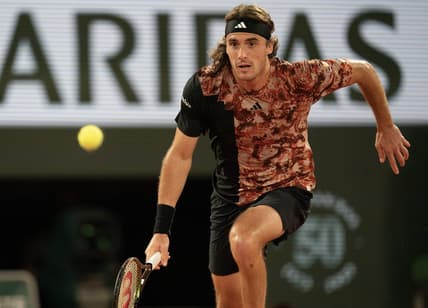 Jun 6 2023; Paris, France; Stefanos Tsitsipas (GRE) runs for the ball during a match against Carlos Alcaraz (ESP) on day 10 at Stade Roland-Garros. Mandatory Credit: Susan Mullane-USA TODAY Sports