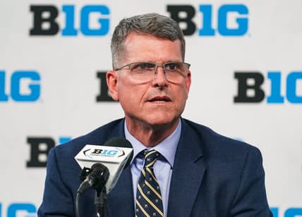 Jul 27, 2023; Indianapolis, IN, USA;  Michigan Wolverines head coach Jim Harbaugh speaks to the media during the Big 10 football media day at Lucas Oil Stadium. Mandatory Credit: Robert Goddin-USA TODAY Sports