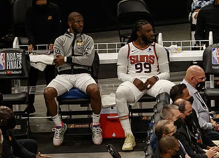 Jul 11, 2021; Milwaukee, Wisconsin, USA; Phoenix Suns guard Chris Paul (3) and forward Jae Crowder (99) sit on the bench during the fourth quarter against the Milwaukee Bucks during game three of the 2021 NBA Finals at Fiserv Forum. Mandatory Credit: Jeff Hanisch-USA TODAY Sports