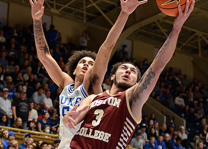 Dec 3, 2022; Durham, North Carolina, USA;Boston College Eagles guard Jaeden Zackery (3) shoots in front of Duke Blue Devils guard Tyrese Proctor(5) during the first half at Cameron Indoor Stadium. Mandatory Credit: Rob Kinnan-USA TODAY Sports