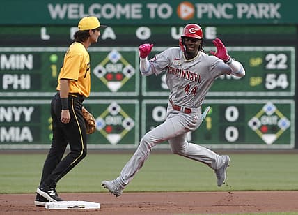 Aug 11, 2023; Pittsburgh, Pennsylvania, USA; Cincinnati Reds third baseman Elly De La Cruz (44) rounds second base on a two-RBI triple against the Pittsburgh Pirates during the first inning at PNC Park. Mandatory Credit: Charles LeClaire-USA TODAY Sports