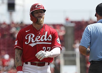 Jul 23, 2023; Cincinnati, Ohio, USA; Cincinnati Reds center fielder Jake Fraley (27) walks from third base after being tagged out against the Arizona Diamondbacks during the sixth inning at Great American Ball Park. Mandatory Credit: David Kohl-USA TODAY Sports