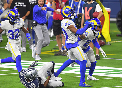 Los Angeles Rams CB Jalen Ramsey celebrates after Dallas Cowboys WR Amari Cooper's drop in Week 1