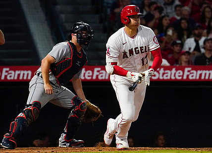 Jun 19, 2021; Anaheim, California, USA; Los Angeles Angels designated hitter Shohei Ohtani (17) grounds out in the fifth inning against the Detroit Tigers at Angel Stadium. Mandatory Credit: Robert Hanashiro-USA TODAY Sports