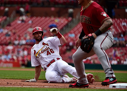 Jun 30, 2021; St. Louis, Missouri, USA;  St. Louis Cardinals first baseman Paul Goldschmidt (46) slides in at third base during the third inning against the Arizona Diamondbacks at Busch Stadium. Mandatory Credit: Jeff Curry-USA TODAY Sports