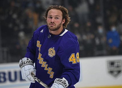 Nov 24, 2021; Los Angeles, California, USA; Los Angeles Kings left wing Brendan Lemieux (48) warms up before the game against the Toronto Maple Leafs at Staples Center. Mandatory Credit: Jayne Kamin-Oncea-USA TODAY Sports