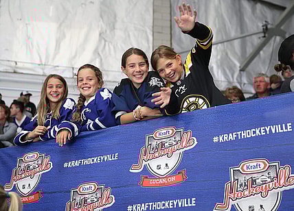 Sep 18, 2018; Lucan, Ontario, CAN; Young fans during the Kraft Hockeyville game at Lucan Community Memorial Centre between the Toronto Maple Leafs and the Ottawa Senators.  The Maple Leafs beat the Senators 4-1. Mandatory Credit: Tom Szczerbowski-USA TODAY Sports