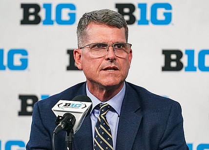 Jul 27, 2023; Indianapolis, IN, USA;  Michigan Wolverines head coach Jim Harbaugh speaks to the media during the Big 10 football media day at Lucas Oil Stadium. Mandatory Credit: Robert Goddin-USA TODAY Sports