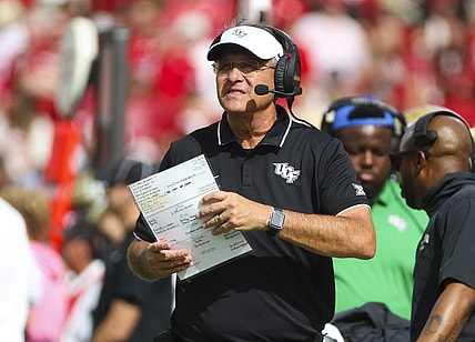 Oct 21, 2023; Norman, Oklahoma, USA;  UCF Knights head coach Gus Malzahn during the game against the Oklahoma Sooners at Gaylord Family-Oklahoma Memorial Stadium. Mandatory Credit: Kevin Jairaj-USA TODAY Sports