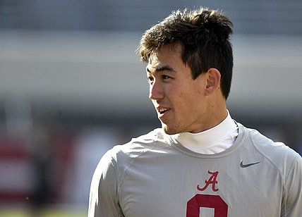 Nov 18, 2023; Tuscaloosa, Alabama, USA;  Alabama Crimson Tide quarterback Tyler Buchner (8) walks through his pregame warmup before the game with Chattanooga at Bryant-Denny Stadium. Mandatory Credit: Gary Cosby Jr.-USA TODAY Sports