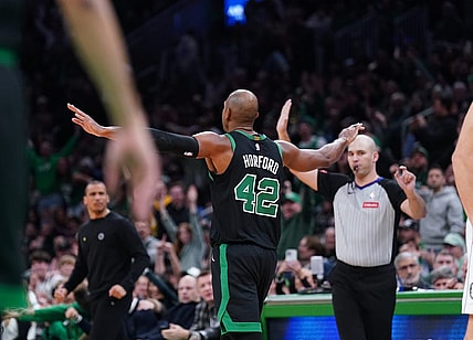 Mar 1, 2024; Boston, Massachusetts, USA; Boston Celtics center Al Horford (42) reacts after his three point basket against the Dallas Mavericks in the second half at TD Garden. Mandatory Credit: David Butler II-USA TODAY Sports