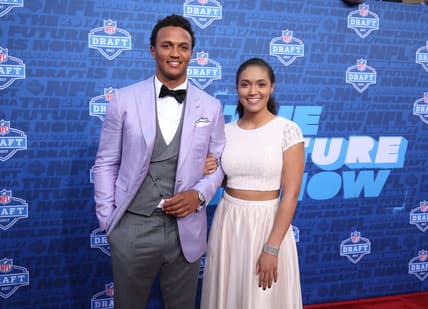 Caption: Apr 27, 2017; Philadelphia, PA, USA; Deshone Kizer (Notre Dame), left, on the red carpet before the start of the NFL Draft at Philadelphia Museum of Art. Mandatory Credit: Bill Streicher-USA TODAY Sports
