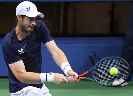 Sep 3, 2020; Flushing Meadows, New York, USA; Andy Murray of Great Britain hits the ball against Felix Auger-Aliassime of Canada on day four of the 2020 U.S. Open tennis tournament at USTA Billie Jean King National Tennis Center. Mandatory Credit: Robert Deutsch-USA TODAY Sports