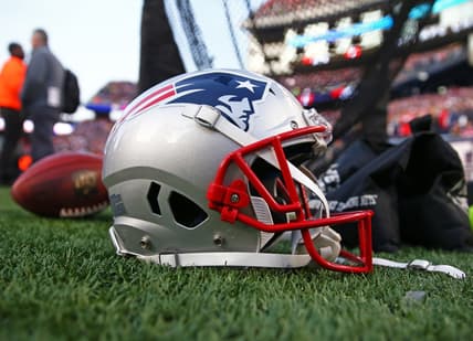 Jan 21, 2018; Foxborough, MA, USA; Detailed view of a New England Patriots football helmet on the field during the AFC Championship Game against the Jacksonville Jaguars at Gillette Stadium. Mandatory Credit: Mark J. Rebilas-USA TODAY Sports