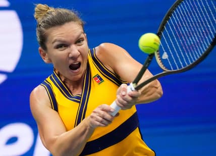 Sep 5, 2021; Flushing, NY, USA;  Simona Halep of Romania hits to Elina Svitolina (not pictured) of the Ukraine on day seven of the 2021 U.S. Open tennis tournament at USTA Billie Jean King National Tennis Center. Mandatory Credit: Robert Deutsch-USA TODAY Sports