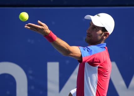 Jul 31, 2021; Tokyo, Japan; Novak Djokovic (SRB) plays Pablo Carreno Busta (ESP) in the men's tennis bronze medal match during the Tokyo 2020 Olympic Summer Games at Ariake Tennis Park. Mandatory Credit: Robert Deutsch-USA TODAY Sports