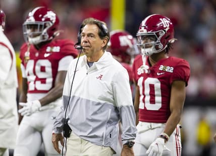 Jan 10, 2022; Indianapolis, IN, USA; Alabama Crimson Tide head coach Nick Saban against the Georgia Bulldogs in the 2022 CFP college football national championship game at Lucas Oil Stadium. Mandatory Credit: Mark J. Rebilas-USA TODAY Sports