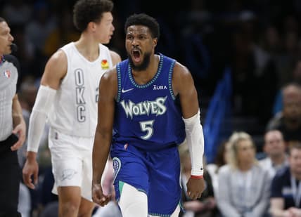 Mar 4, 2022; Oklahoma City, Oklahoma, USA; Minnesota Timberwolves guard Malik Beasley (5) celebrates after scoring a basket against the Oklahoma City Thunder during the second half at Paycom Center. Minnesota won 138-101. Mandatory Credit: Alonzo Adams-USA TODAY Sports