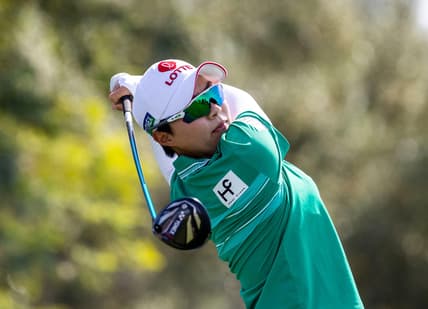 Hyo Joo Kim of South Korea hits her drive shot from the seventh tee box during round three of the Chevron Championship at Mission Hills Country Club in Rancho Mirage, Calif., Saturday, April 2, 2022.