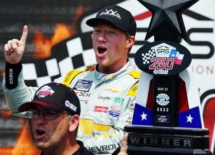 May 21, 2022; Fort Worth, Texas, USA;  Xfinity Series driver Tyler Reddick (48) celebrates in victory lane after winning the Texas 250 at Texas Motor Speedway. Mandatory Credit: John David Mercer-USA TODAY Sports