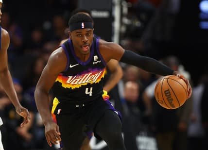 May 15, 2022; Phoenix, Arizona, USA; Phoenix Suns guard Aaron Holiday against the Dallas Mavericks in game seven of the second round for the 2022 NBA playoffs at Footprint Center. Mandatory Credit: Mark J. Rebilas-USA TODAY Sports