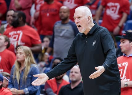Apr 13, 2022; New Orleans, Louisiana, USA; San Antonio Spurs head coach Gregg Popovich reacts to a play against the New Orleans Pelicans during the second half of a play-in playoff game at the Smoothie King Center. Mandatory Credit: Stephen Lew-USA TODAY Sports