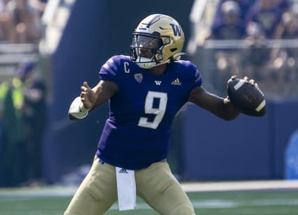 Sep 10, 2022; Seattle, Washington, USA; Washington Huskies quarterback Michael Penix Jr. (9) attempts a pass during the second half against the Portland State Vikings at Alaska Airlines Field at Husky Stadium. Mandatory Credit: Stephen Brashear-USA TODAY Sports