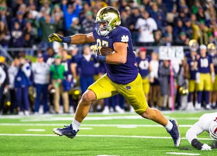 Notre Dame tight end Michael Mayer (87) runs the ball on a play that was called back during the Notre Dame vs. Stanford NCAA football game Saturday, Oct. 15, 2022 at Notre Dame Stadium in South Bend.

Notre Dame Vs Stanford Football