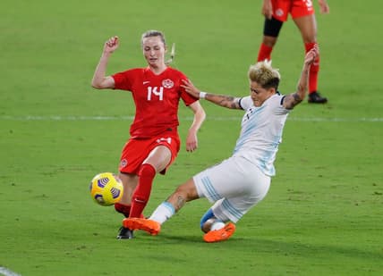Feb 21, 2021; Orlando, Florida, USA; Argentina forward  Yamila Rodriguez (11) blocks a kick by Canada midfielder  Gabrielle Carle (14)  during the first half of She Believes Cup soccer match at Exploria Stadium. Mandatory Credit: Mike Watters-USA TODAY Sports