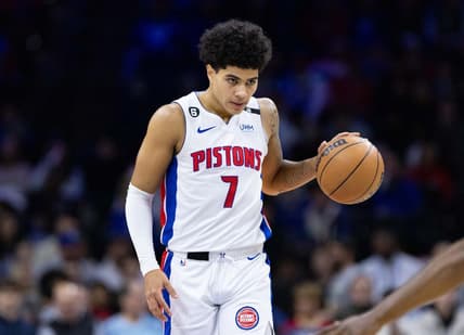 Dec 21, 2022; Philadelphia, Pennsylvania, USA; Detroit Pistons guard Killian Hayes (7) dribbles the ball against the Philadelphia 76ers during the first quarter at Wells Fargo Center. Mandatory Credit: Bill Streicher-USA TODAY Sports
